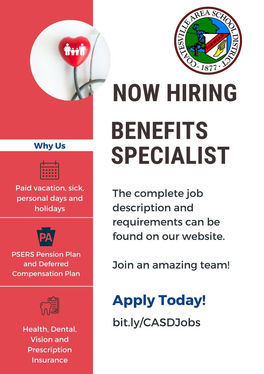 CASD is hiring a Benefits Specialist. Join our team and apply at bit.ly/casdjobs today!