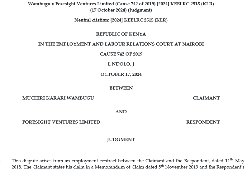 Lawpointuganda's tweet photo. On consultants vs  employees, in Wambugu v Foresight Ventures Limited [2024] KEELRC 2515  (KLR), the Claimant argued that, despite being referred to as a  consultant, he was, in fact, an employee of the Respondent. 

The  Respondent, however, maintained that the relationship was purely  contractual, governed by a consultancy agreement and that no employment  relationship existed. 

The court, upon review, noted that the Claimant  held the crucial role of Acting Managing Director, placing him at the  core of the Respondent's principal operations. Given the significance of  this role, it could not reasonably be classified as peripheral. 

The  court ultimately determined that the relationship between the parties  was one of employer and employee. It emphasized that the designation of  the agreement as a consultancy contract did not negate the substantive  nature of the employment relationship.

Read full case
https://t.co/X4gx1a6TLU