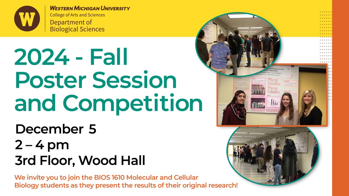 WMU_CAS's tweet image. On December 5, BIOS 1610 students will present their original research projects at the semester poster session and competition. The event is open to the public—come support our science Broncos as they share their findings and build essential career skills!