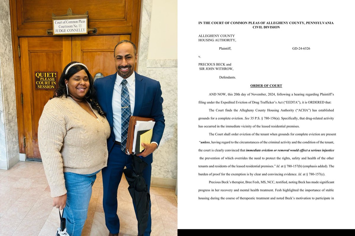 Vice Dean @JerrySDickinson won a significant court case this week by successfully defending a tenant against eviction in ACHA v. Beck at the Allegheny County Court of Common Pleas. Congrats  to Jerry for taking a meaningful step toward justice and housing stability!