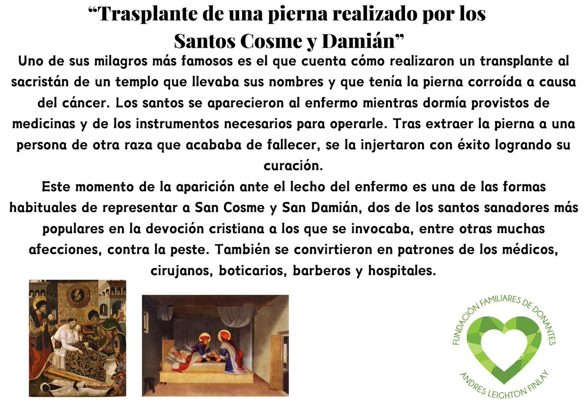 Si nos remontamos en la historia de la humanidad, éste debiera ser el primer trasplante en humanos, el milagro de los médicos gemelos Cosme y Damián.
22 de Noviembre “Día Nacional del Trasplante en Chile”