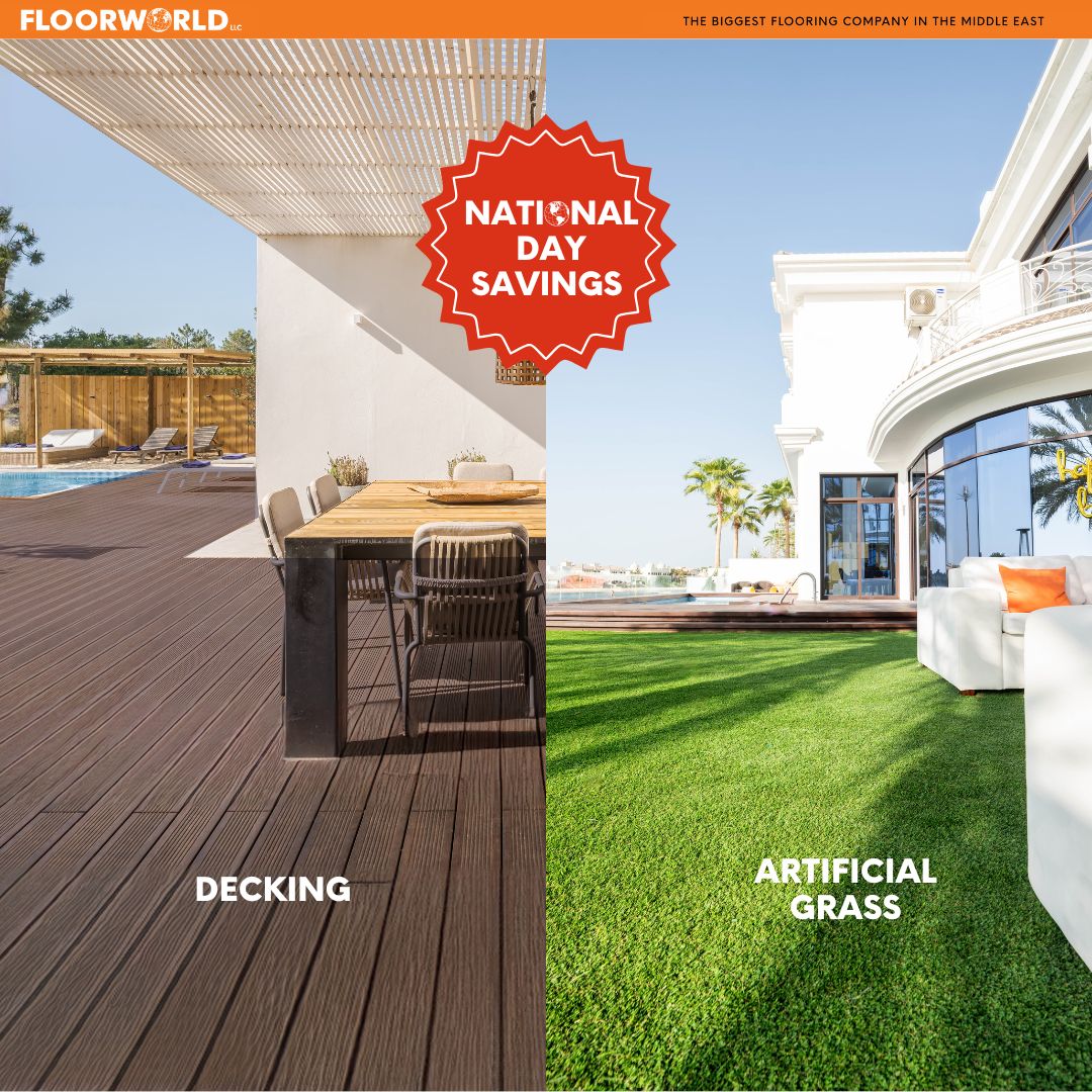 Floorworld's tweet photo. Grass it. Deck it. OWN it! 😎

This #UAENationalDay, give your outdoors the glow-up they deserve with 25% OFF on all grass &amp; decking products!

Lush lawns and sleek decks = outdoor goals unlocked. 

Don’t wait—offer ends December 2nd at midnight! https://t.co/t7oyK0LoaG