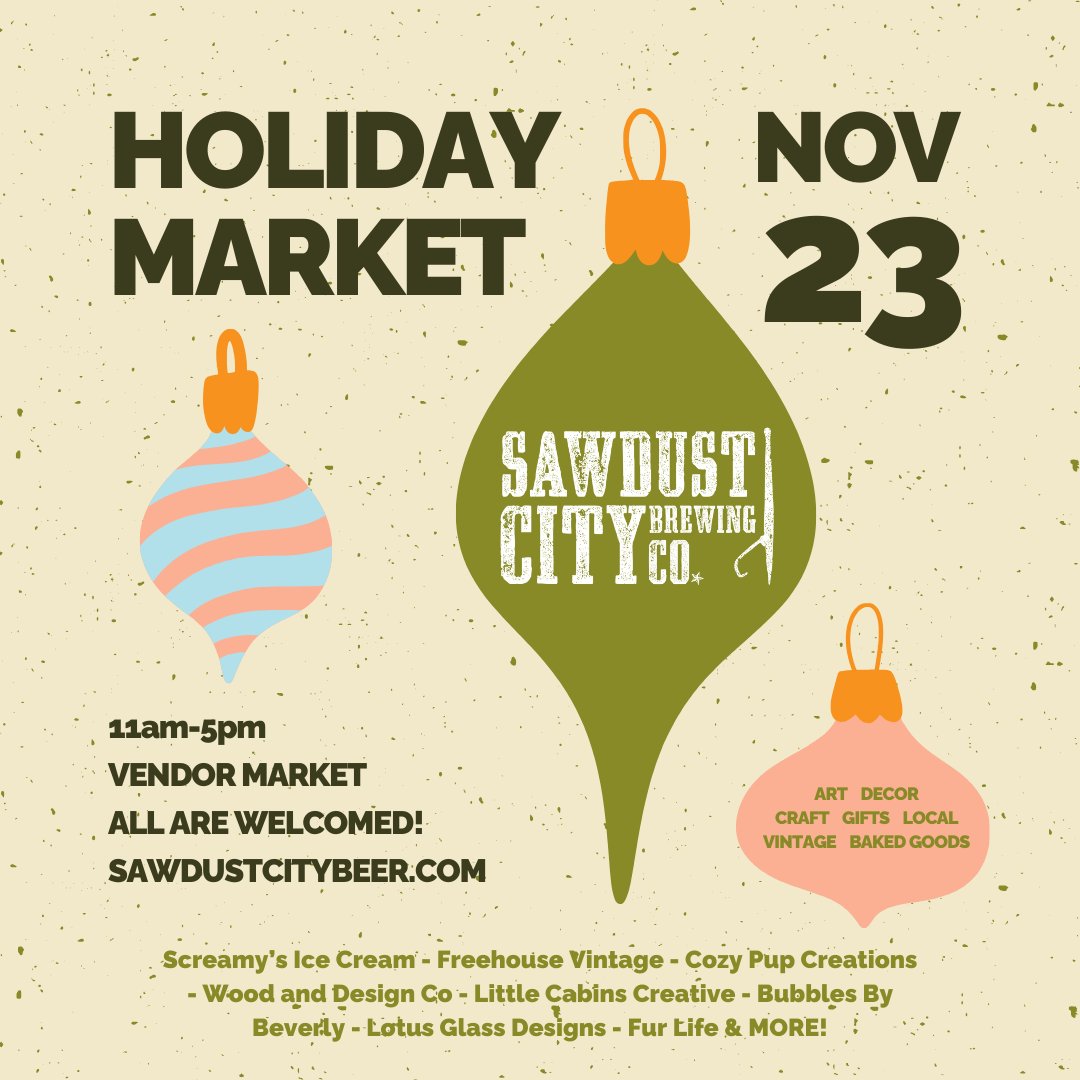 The Countdown Is On! Just one more sleep until our Holiday Market!

Tomorrow, Sawdust City Brewery will transform into a holiday shopping haven! We’re excited to welcome an incredible lineup of vendors—check out our website to see who’ll be joining us!

sawdustcitybeer.com/pages/sawdust-…