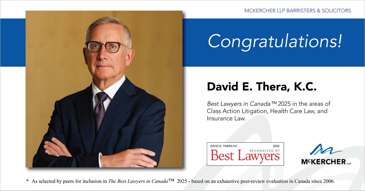 McKercher LLP (@mckercherllp) on Twitter photo #Congratulations to <a href="/McKercherLLP/">McKercher LLP</a> lawyer, David E. Thera, KC - selected by his peers for inclusion in The <a href="/BestLawyers/">Best Lawyers</a> in Canada™ 2025 – Regina:
•Class Action Litigation
•Health Care
•Insurance Law
mckercher.ca/en/news/posts/…
#BestLawyers #LegalNews #Congratulations to <a href="/McKercherLLP/">McKercher LLP</a> lawyer, David E. Thera, KC - selected by his peers for inclusion in The <a href="/BestLawyers/">Best Lawyers</a> in Canada™ 2025 – Regina:
•Class Action Litigation
•Health Care
•Insurance Law
mckercher.ca/en/news/posts/…
#BestLawyers #LegalNews
