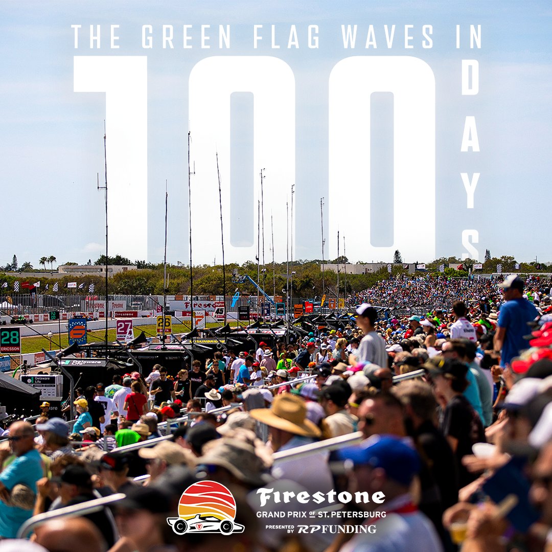 GPSTPETE's tweet photo. Just 1️⃣0️⃣0️⃣ days until the green flag flies on the 2025 @indycar season

Don't miss the Firestone Grand Prix of St. Petersburg presented by RP Funding — 3-Day Grandstand Ticket Renewals are underway. 3-Day General Admission Tickets coming soon... 😉 

#FirestoneGP / #RPFunding https://t.co/3syRyQticP