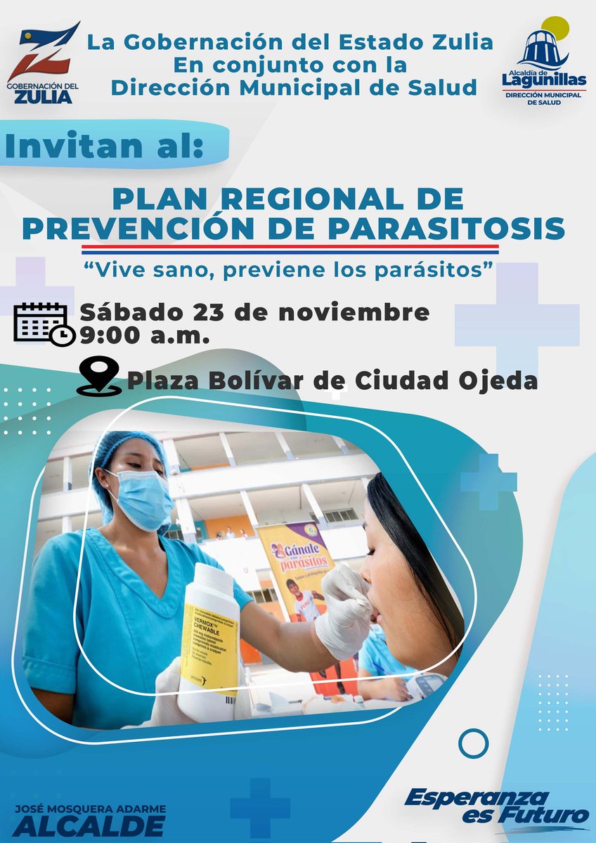 La  @gobdelzuliave  en conjunto con la Dirección Municipal de Salud con nuestro Alcalde <a href="/cheolagunillas/">José Mosquera Adarme</a>

Invitan este Sábado 23 de noviembre desde las 9:00 a.m. desde la plaza Bolívar.

PLAN REGIONAL DE PREVENCIÓN DE PARASITOSIS
Vive Sano, previene los Parásitos

<a href="/alclagunillas/">Alcaldía de Lagunillas</a>