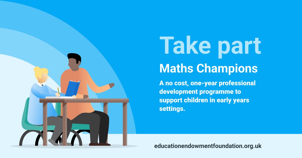 📣 Calling early years settings!  
 
Maths Champions is a funded, one-year professional development programme to support children's mathematical development in early years settings, designed and delivered by <a href="/NDNAtalk/">NDNA</a>. 
 
Find out how to apply: eef.li/recruitment