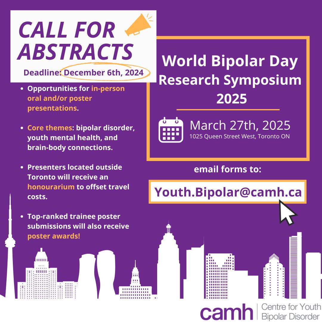Centre for Youth Bipolar Disorder (@cybdatcamh) on Twitter photo Missed our abstract deadline? Great news! Deadline for #CYBDResearchSymposium2025 is extended to Dec 6th! Join Canadian & international researchers on March 27th for a research event focused on youth #bipolardisorder. Click here: bit.ly/409i8NK <a href="/CAMHResearch/">CAMH Research</a> Missed our abstract deadline? Great news! Deadline for #CYBDResearchSymposium2025 is extended to Dec 6th! Join Canadian & international researchers on March 27th for a research event focused on youth #bipolardisorder. Click here: bit.ly/409i8NK <a href="/CAMHResearch/">CAMH Research</a>