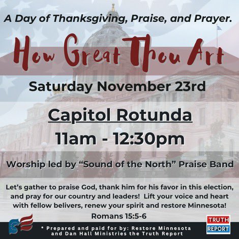 PamAltendorf's tweet photo. Saturday, Nov 23rd
11am @ Capitol
🙏🏻🙏🏻🙏🏻Please Join myself and others as we Pray for our families, communities, state and country!
#SaveMN #restoreMN https://t.co/kxgic9JJbh