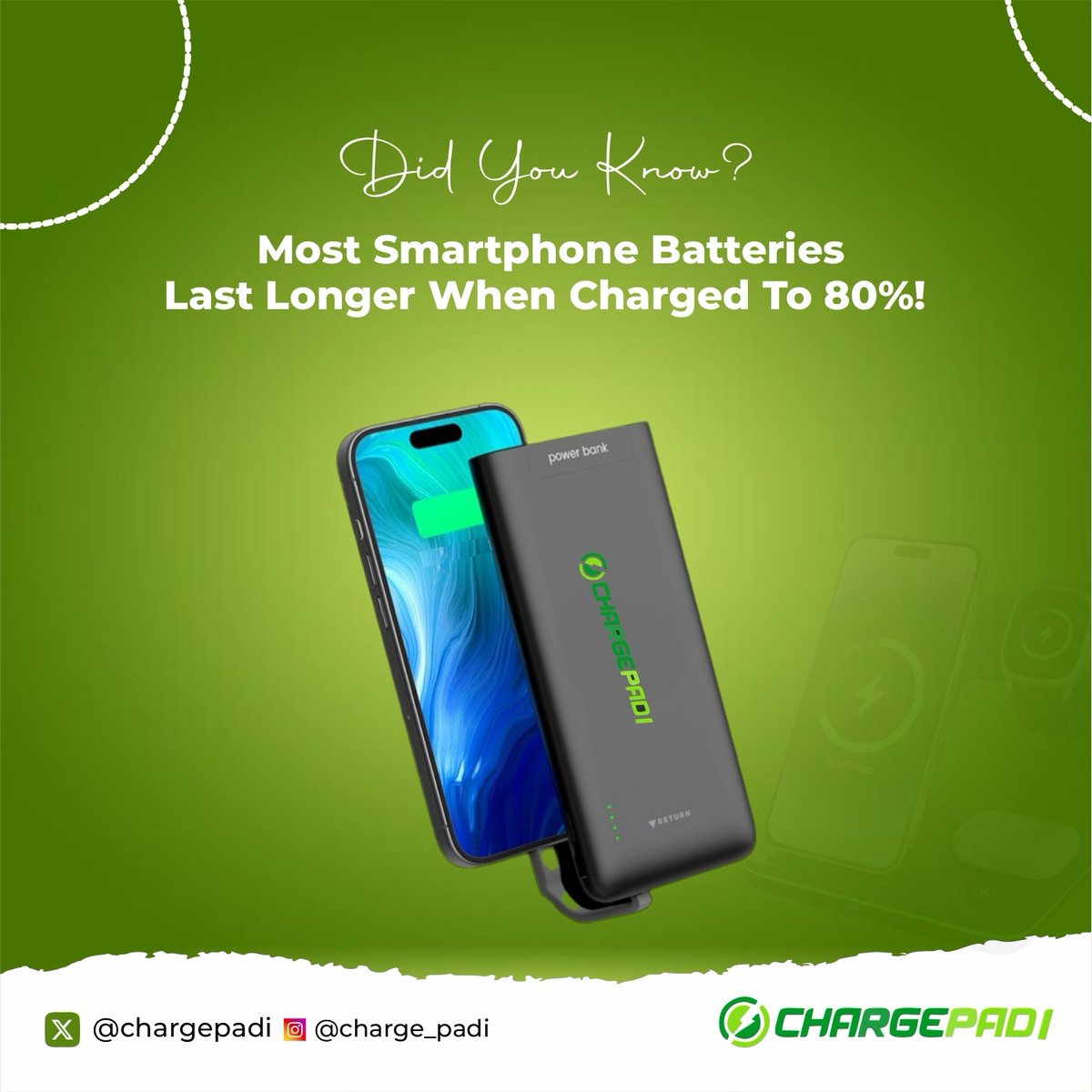 ChargePadi's tweet image. PSA: Your battery’s secret dream? Get to 80% and live its best life! Charge smarter, not harder! Charge Padi is here for you 😊

🔋#ChargePadi #BatteryGoals #StayPowered #TechTips #TGIF