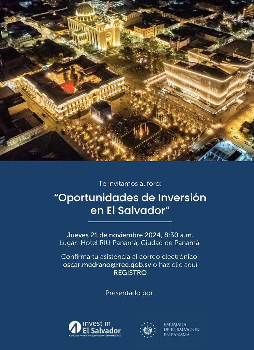 ahmed8507's tweet image. Participación representando a la @auzonalibre en el foro “Oportunidades de Inversion en El Salvador”
Felicitaciones al @gobierno_SV de El Salvador por esta iniciativa, ofreciendo oportunidades de negocios a empresarios e inversionistas panameños.