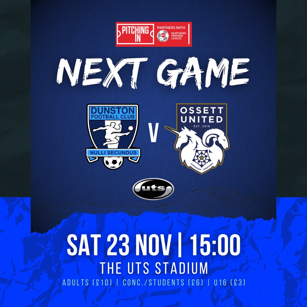 DunstonUTSFC's tweet photo. 🚨 There will be a 9:30am pitch inspection tomorrow morning ahead of our league fixture against @OssettUnited .

We will let you know the outcome as soon as we know. https://t.co/wyN0jPRQ4p