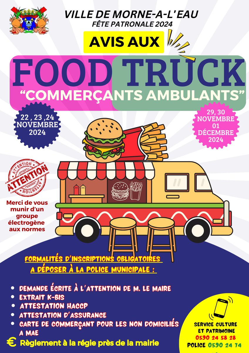 FÊTE PATRONALE 2024 
avis aux  food truck et commerçants et ambulants 
Merci de vous munir d'un groupe électrogène aux normes