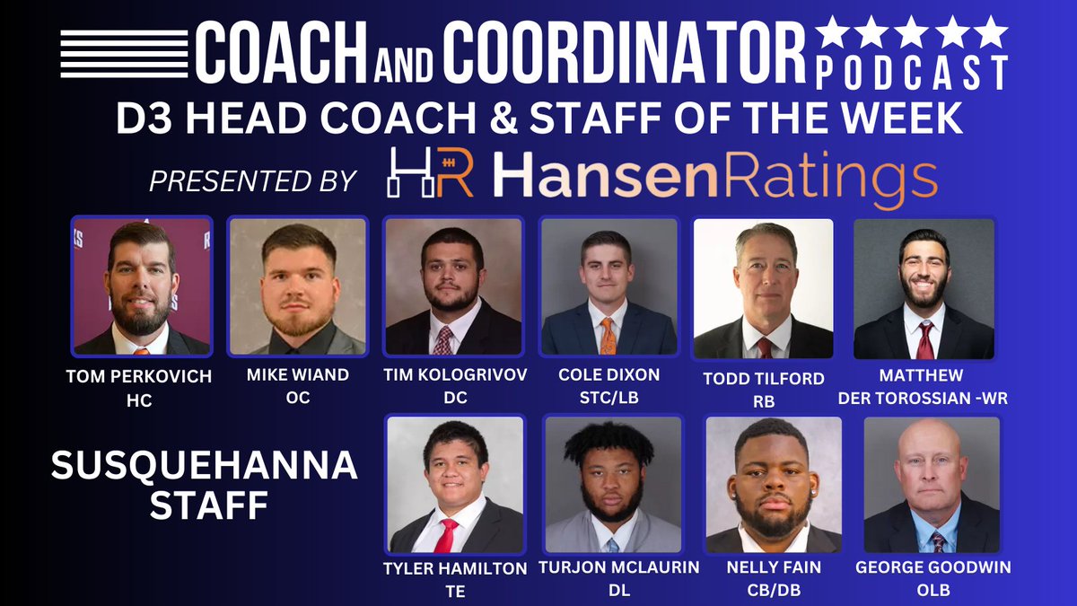 Keith Grabowski ๐ Coach and Coordinator Network (@coachkgrabowski) on Twitter photo Coach and Coordinator D3 Head Coach & Staff of the Week presented by <a href="/LogHanRatings/">Logan Hansen</a>
Our HC of the Week is <a href="/GOSusqU/">Susquehanna Athletics</a> <a href="/SURiverHawksFB/">Susquehanna Football</a> <a href="/SUCoachPerk/">Tom Perkovich</a> Tom Perkovich - He joins us to discuss transitioning out of play calling as the HC and continuing to evolve the offense.
Listen: Coach and Coordinator D3 Head Coach & Staff of the Week presented by <a href="/LogHanRatings/">Logan Hansen</a>
Our HC of the Week is <a href="/GOSusqU/">Susquehanna Athletics</a> <a href="/SURiverHawksFB/">Susquehanna Football</a> <a href="/SUCoachPerk/">Tom Perkovich</a> Tom Perkovich - He joins us to discuss transitioning out of play calling as the HC and continuing to evolve the offense.
Listen: