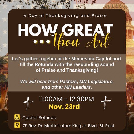 PamAltendorf's tweet photo. Saturday, Nov 23rd
11am @ Capitol
🙏🏻🙏🏻🙏🏻Please Join myself and others as we Pray for our families, communities, state and country!
#SaveMN #restoreMN https://t.co/33Jpq1outi