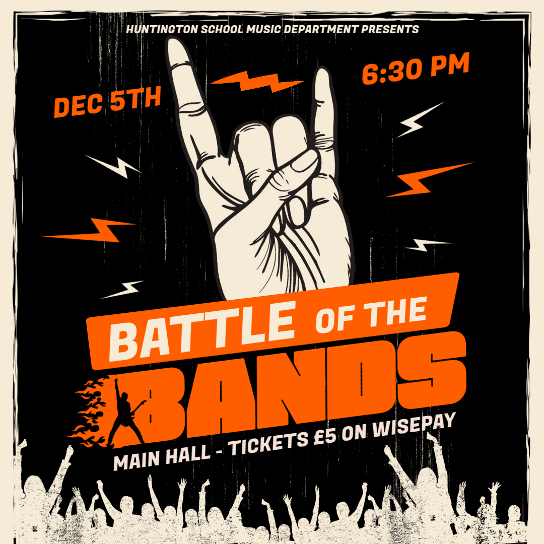 HuntingtonYork's tweet photo. It's back! The coolest music events of the year:
THE BATTLE OF BANDS!
📷 Thu, December 5th
📷 6:30 PM
📷Main Hall
📷Just £5 on Wisepay or at the door.
Check out bands from Year 8 to Year 13, and grab some snacks at the tuck shop!
#Huntington #york #LiveMusic #music #rockmusic https://t.co/t0bOsO7h4y