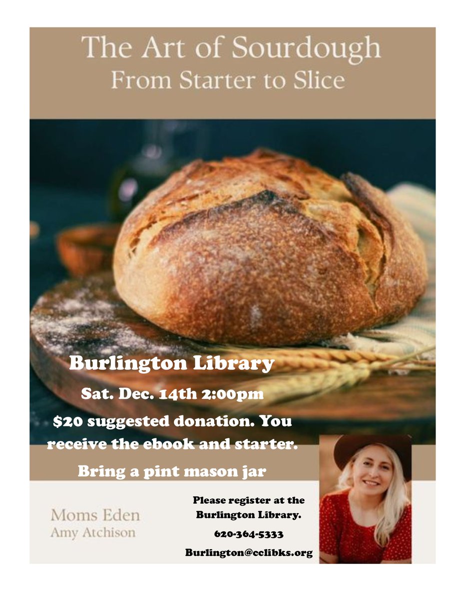 Sourdough class Saturday, Dec. 14th @ 2:00 PM! Give us a call to register: 620-364-5333