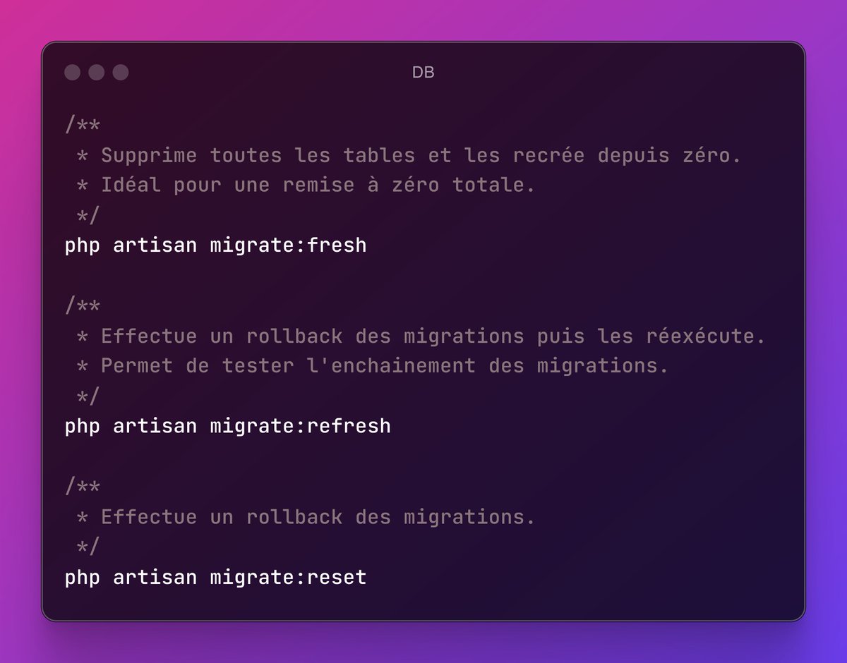 laravel_france's tweet photo. 💡 #FridaysTips
Besoin de remettre votre base de données à zéro mais vous hésitez sur la commande #Laravel à utiliser ?
Le framework propose 3 commandes avec chacune des subtilités : `migrate:fresh`, `migrate:refresh` et `migrate:reset`
Bon weekend 👋 https://t.co/MRuejwxxDQ