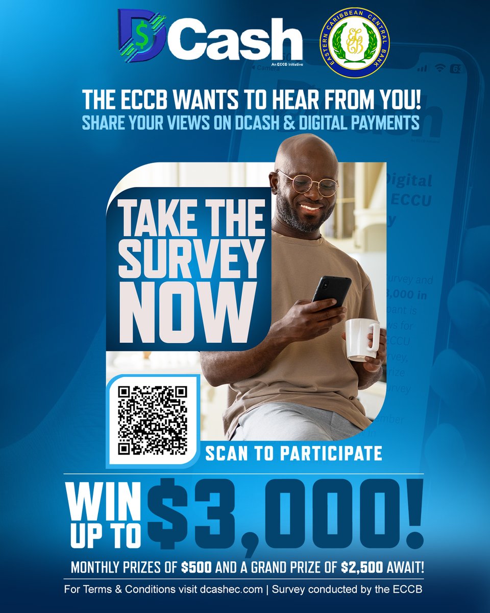DCash_EC's tweet image. 📷 Win $3,000! Complete the DCash Survey before the end of the month for a chance to win $500 in the monthly draw and a $2,500 grand prize!
📷 Take the survey: surveymonkey.com/r/DCASH2
#DCashSurvey #ECCU