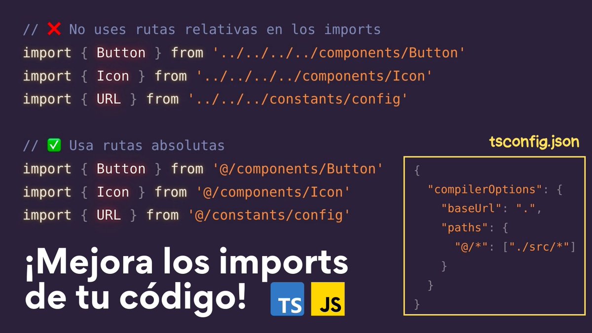 midudev's tweet photo. ¡Evita usar imports relativos en tu código!
Son difíciles de leer y de mantener.

Usa mejor un alias con rutas absolutas.
Funciona en proyectos de JavaScript y TypeScript ↓ https://t.co/kJ1UA0CQOA