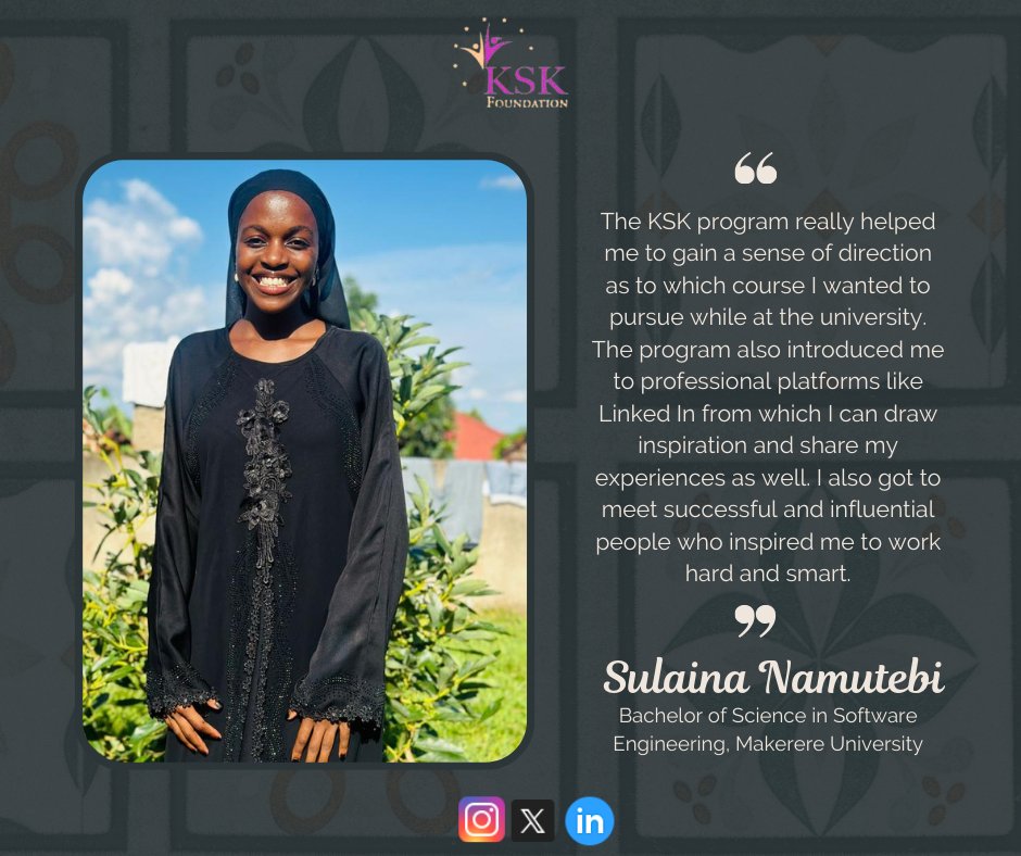 KskFoundation's tweet photo. Today, the @KskFoundation  would like to celebrate their mentee Sulaina Namutebi for having been a part of Season VII of the Making Students World Ready Program.

We implore you to use the skills you learnt from the program to cause a positive impact in your society.

#mentorship https://t.co/FtTRg5kTLK