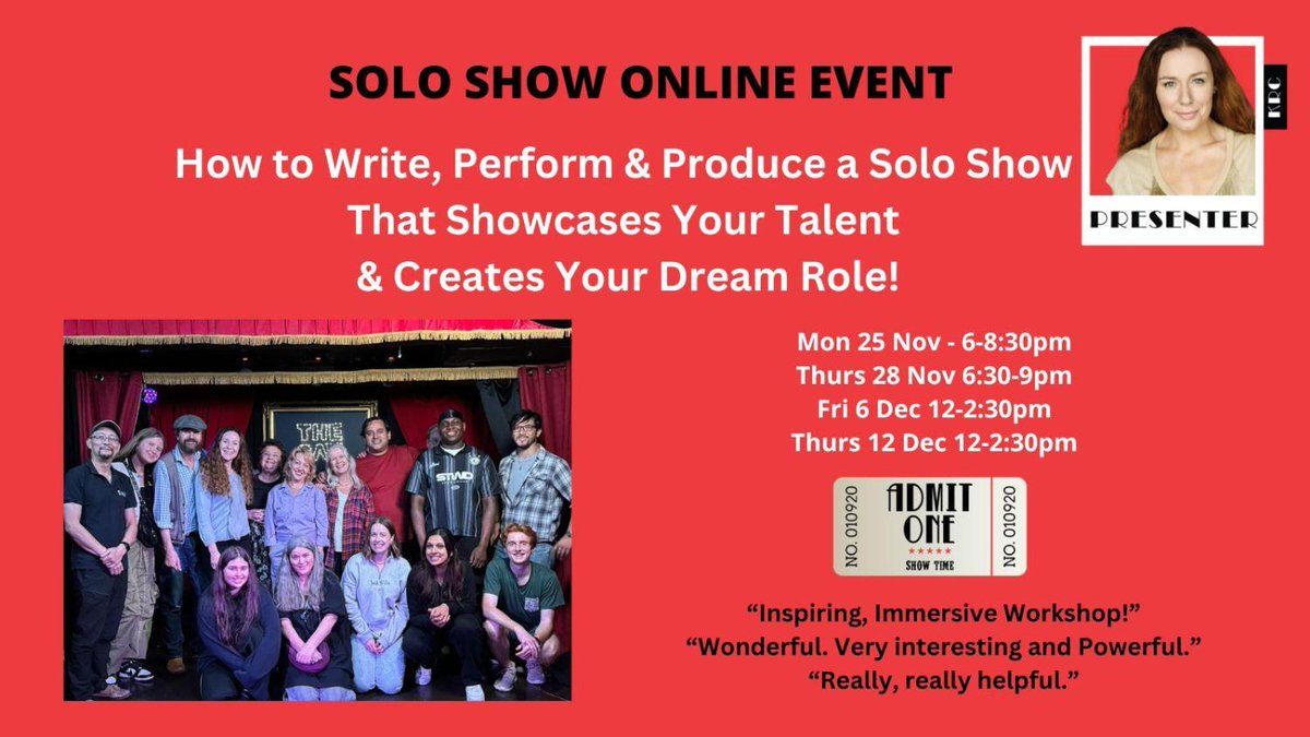 Upcoming solo show online event! 

Unleash your first solo show with courage and confidence… not fear and self sabotage! Do you have a story to tell but don’t know where to begin? Bring your questions to this event.

Get £5 off here: soloshowtreasurehunt.com/optin #Ad