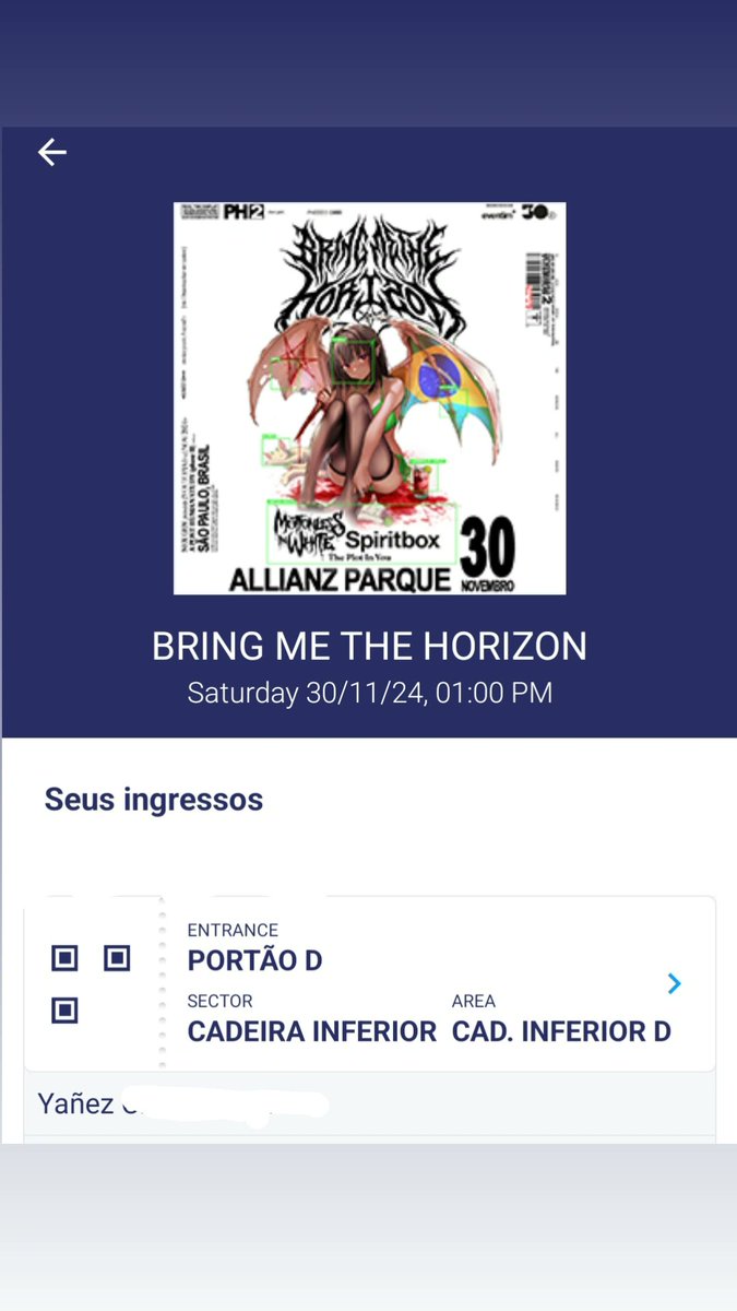 AndYanezCh's tweet photo. estou vendendo um ingresso para o Bring Me The Horizon no dia 30/11 em São Paulo

Ingresso é cadeira inferior d, Valor 190 reais
faço a transferência pelo eventim

Sou gringo, não tenho pix,nos encontramos em uma estação de metrô e fazemos o troco, desconto no pagamento de metro https://t.co/ZGz4hBEO10