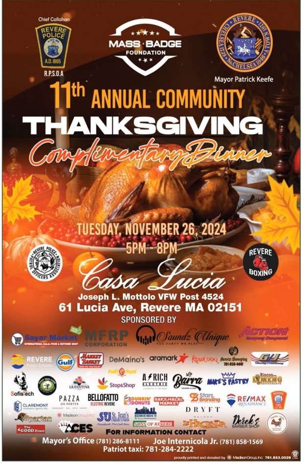 RPS Communications (@rpscommunicates) on Twitter photo Join <a href="/KeefeForRevere/">Patrick Keefe</a> and <a href="/Revere311/">City of Revere, Massachusetts</a> for the city's 11th Annual Complimentary Thanksgiving Dinner at Casa Lucia!
<a href="/RPS_Super/">Dianne Kelly, Ed.D.</a> <a href="/RevereAsstSuper/">Richard Gallucci, Ph.D.</a> <a href="/RPS_AsstSuper/">Dr. Danielle Mokaba</a> @lourenco962 <a href="/ClauCorreaMA/">Claudia Correa</a> @EstaphanyRPS Join <a href="/KeefeForRevere/">Patrick Keefe</a> and <a href="/Revere311/">City of Revere, Massachusetts</a> for the city's 11th Annual Complimentary Thanksgiving Dinner at Casa Lucia!
<a href="/RPS_Super/">Dianne Kelly, Ed.D.</a> <a href="/RevereAsstSuper/">Richard Gallucci, Ph.D.</a> <a href="/RPS_AsstSuper/">Dr. Danielle Mokaba</a> @lourenco962 <a href="/ClauCorreaMA/">Claudia Correa</a> @EstaphanyRPS