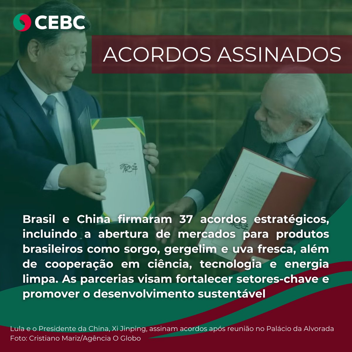 cebc_brasil's tweet photo. Após participar da Cúpula do G20 no Rio de Janeiro, o Presidente Xi Jinping foi até Brasília para uma visita de Estado, na qual foram exploradas sinergias entre os dois países. 🇧🇷🇨🇳
Confira os destaques desse encontro! 🧶👇
#CEBC #BrasilChina #EncontroLulaXi #Cooperacao #G20 https://t.co/cBpZNfW7mk