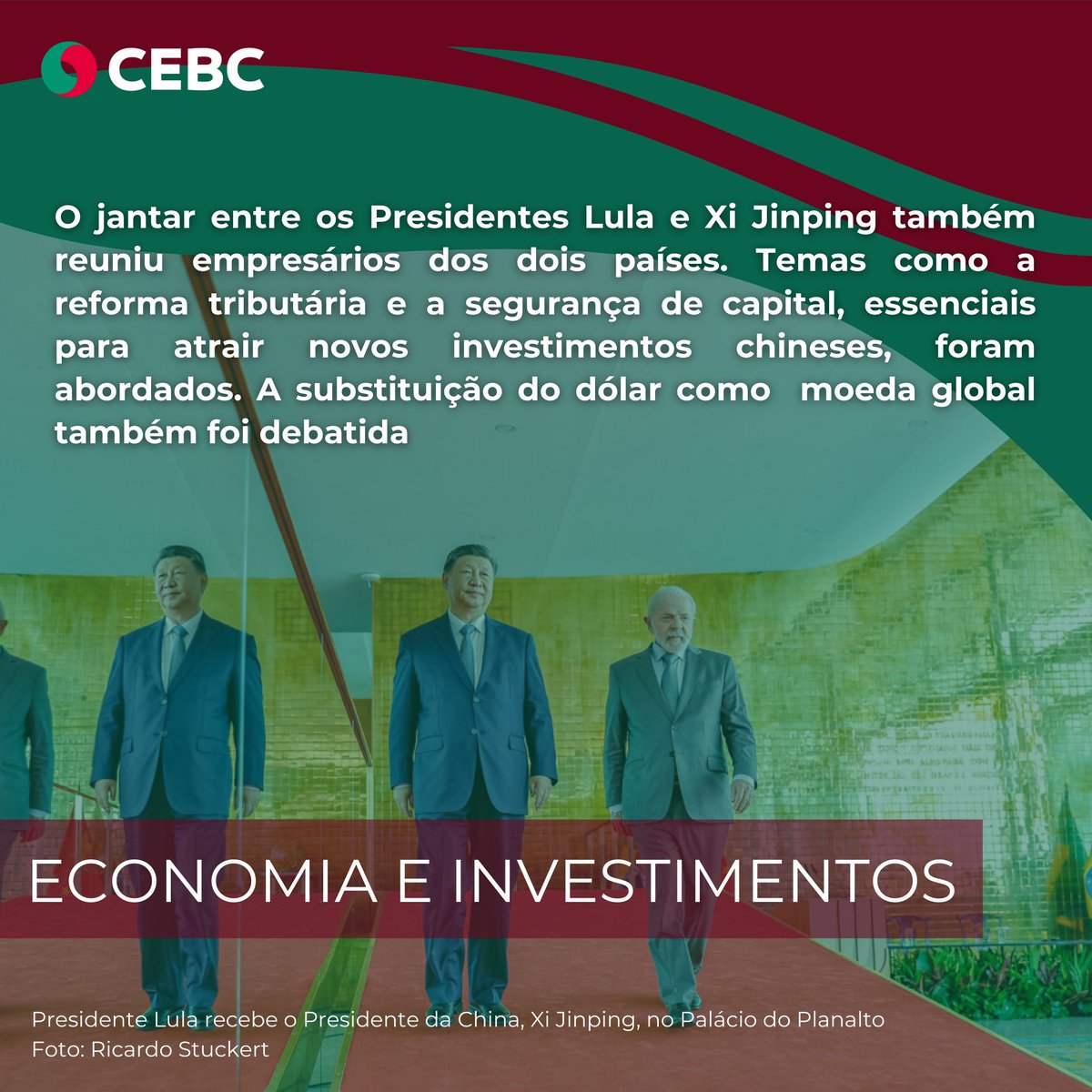 cebc_brasil's tweet photo. Após participar da Cúpula do G20 no Rio de Janeiro, o Presidente Xi Jinping foi até Brasília para uma visita de Estado, na qual foram exploradas sinergias entre os dois países. 🇧🇷🇨🇳
Confira os destaques desse encontro! 🧶👇
#CEBC #BrasilChina #EncontroLulaXi #Cooperacao #G20 https://t.co/cBpZNfW7mk