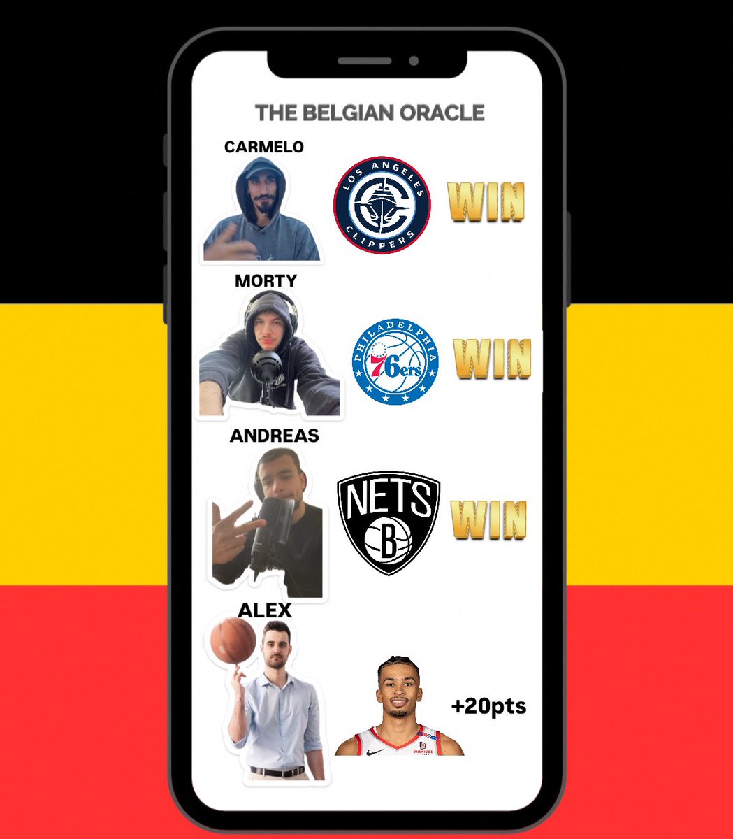 Thebelgianb's tweet photo. THE BELGIAN ORACLE ✨🇧🇪
Au menu pour la NBA CUP,
Melo se range derrière les Clippers, Morty croit à la 3ème victoire des 76ers alors qu’Andreas pense à une victoire des Nets ( un duel de pronos), pendant qu’Alex espère que Toumani continue à faire gagner la Belgique !
Et vous, vers quel team vous tournez vous?👇👇