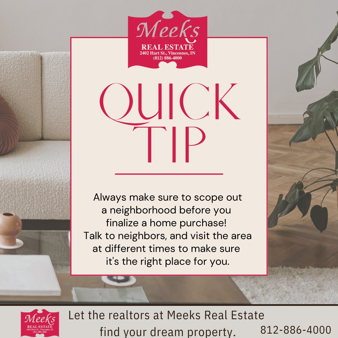 MeeksRealEstate's tweet photo. Finding the perfect home means loving the community too! Chat with neighbors and visit at different times to really get a feel for the area. Your future home should be where you create lasting memories. Ready to start your search? We’re here to help! (812) 886-4000 https://t.co/xKNiCcPwKO