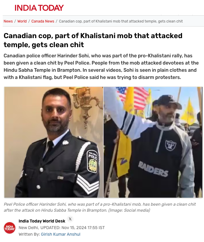 DonaldBest.CA * DO NOT COMPLY (@donaldbestca) on Twitter photo 🚨BREAKING EXCLUSIVE🚨 Suspended Peel Police Sgt. Harrinder Sohi returned to work - administrative duties only pending ongoing investigation.
The <a href="/IndiaToday/">IndiaToday</a> article is incorrect in stating that Sgt. Sohi was cleared of wrongdoing.
Today <a href="/PeelPolice/">Peel Regional Police</a> Media Relations sent the 🚨BREAKING EXCLUSIVE🚨 Suspended Peel Police Sgt. Harrinder Sohi returned to work - administrative duties only pending ongoing investigation.
The <a href="/IndiaToday/">IndiaToday</a> article is incorrect in stating that Sgt. Sohi was cleared of wrongdoing.
Today <a href="/PeelPolice/">Peel Regional Police</a> Media Relations sent the