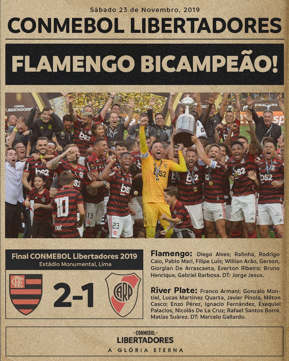 LibertadoresBR's tweet photo. ❤️🖤 Que dia, @Flamengo! 5⃣ anos de uma virada incrível em Lima, o esperado reencontro rubro-negro com a #GloriaEterna. 

🏆🏆 CONMEBOL #Libertadores 2019 https://t.co/u5LeJSBwXt
