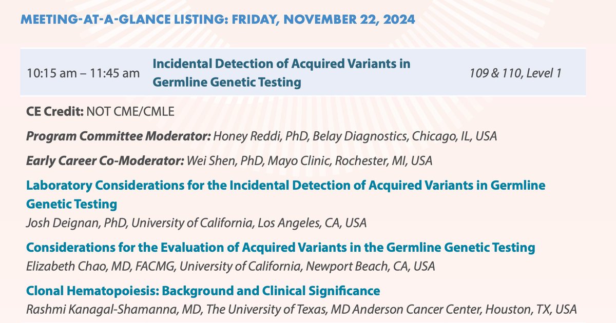 kanagalshamanna's tweet image. Honored to present on the clinical significance of incidental detection of #clonal hematopoiesis at #AMP2024. 

🙏 to@honeyreddi1 for the invitation and to my co-presenters, Josh Deignan, &amp;amp; Elizabeth Chao for their collaboration 

Join us today details below #CHIP #MDS