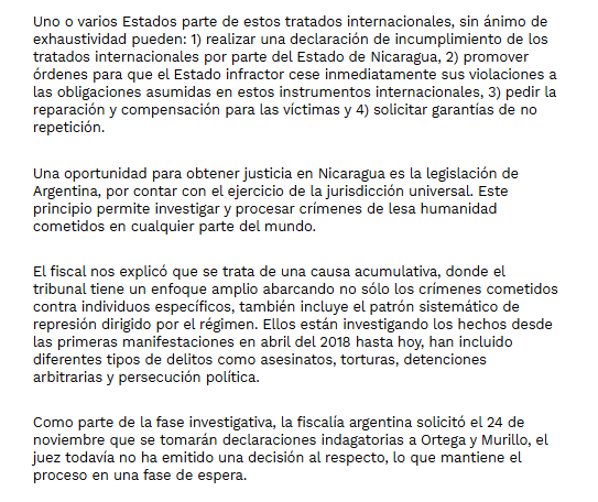 Nota de Opinion | 📰
  
¿Existirá #JusticiaInternacional para #Nicaragua?

Jurisdicción universal, Corte Penal Internacional, Corte Internacional de Justicia, Corte Interamericana de Derechos Humanos.

vía <a href="/Ligia_I_Gomez/">Ligia Ivette Gómez</a> de <a href="/ovaniorg/">OVA</a> 

ℹ️confidencial.digital/opinion/existi…