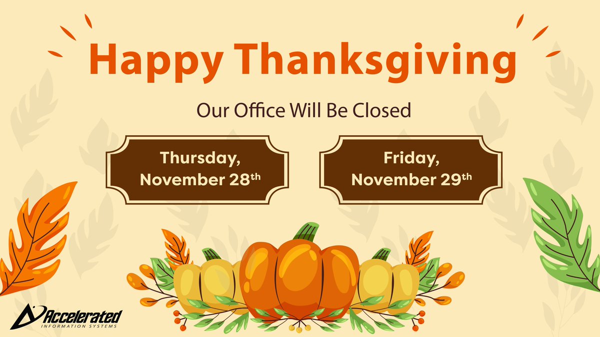 AISWW's tweet photo. 🦃Happy Thanksgiving! Our office will be closed Thursday, November 28th, and Friday, November 29th; technical support will be unavailable. https://t.co/faEmFAoYd7