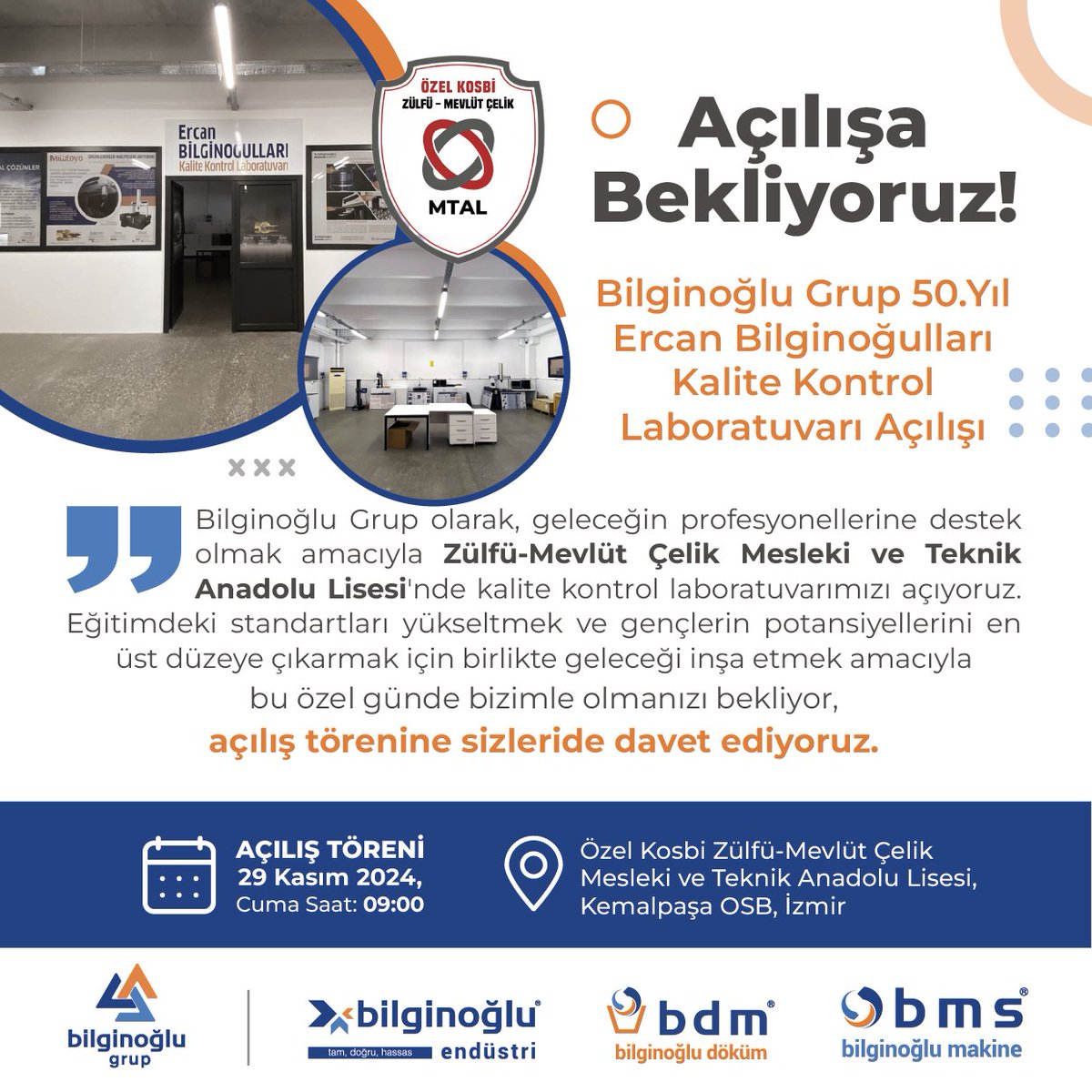 's tweet image. Açılışa Bekliyoruz!
🗓️ 29 Kasım ⌚️09:00
📍Özel Kosbi Zülfü-Mevlüt Çelik Mesleki ve Teknik Anadolu Lisesi, Kemalpaşa OSB, İzmir
#MTAL #kalitekontrollaboratuvarı #açılıştöreni #geleceğinprofesyonelleri #KSS #bilginoğluendüstri #bilginoğlumakine #bilginoğludöküm #bilginoglugrup