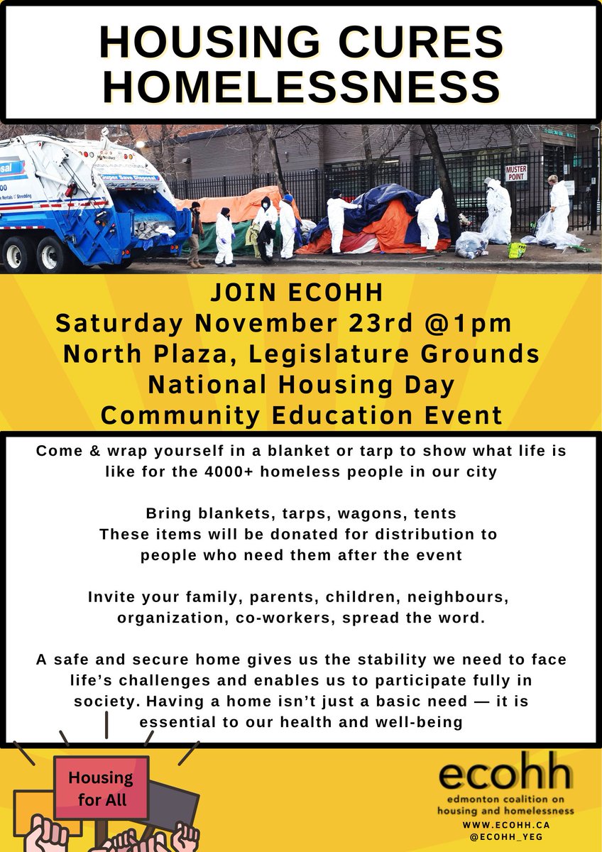 Help create a visual image of the disaster of #homelessness in #yeg - bring a blanket &amp; join in a message to governments for failing to build vital #housing #NationalHousingDay #ABLeg #cdnpoli <a href="/ECOHH_/">Edmonton Coalition on Housing & Homelessness</a>