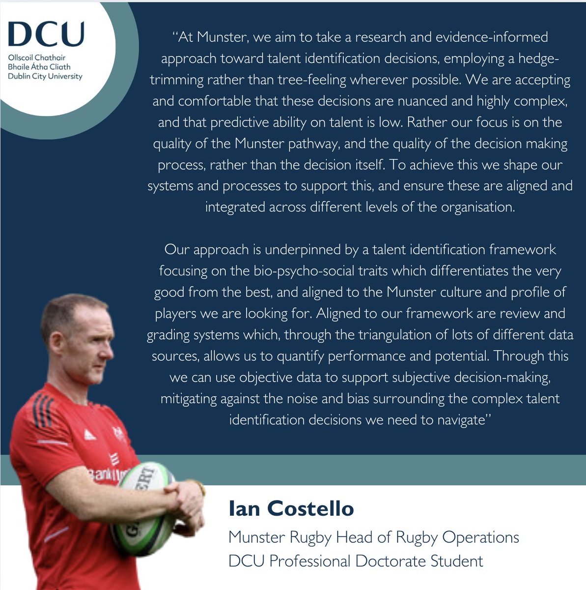 DCU_Performance (@dcuperformance) on Twitter photo Congratulations to <a href="/IanCostello1/">Ian Costello</a> for his latest work in his Professional Doctorate <a href="/DcuPerformance/">DCU_Performance</a>.
We present overview of the research aims and outcomes, as well as an insight into how he is embedding his research in his role of a Head of Rugby Operations with <a href="/Munsterrugby/">Munster Rugby</a> 1/2 Congratulations to <a href="/IanCostello1/">Ian Costello</a> for his latest work in his Professional Doctorate <a href="/DcuPerformance/">DCU_Performance</a>.
We present overview of the research aims and outcomes, as well as an insight into how he is embedding his research in his role of a Head of Rugby Operations with <a href="/Munsterrugby/">Munster Rugby</a> 1/2