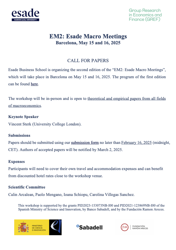 🚨CALL FOR PAPERS🚨 

📢 Join us for the 2nd <a href="/Esade/">Esade</a> Macro Meetings (EM2) in Barcelona, May 15-16! 

🧑‍🏫 Keynote: Vincent Sterk (<a href="/EconUCL/">UCL Economics</a>) 

🗓️ Submission Deadline: February 16 

📃 Submit here: form.jotform.com/243114806994361 

Don't miss out—see you in Barcelona! 🌍

#EconTwitter #EconX