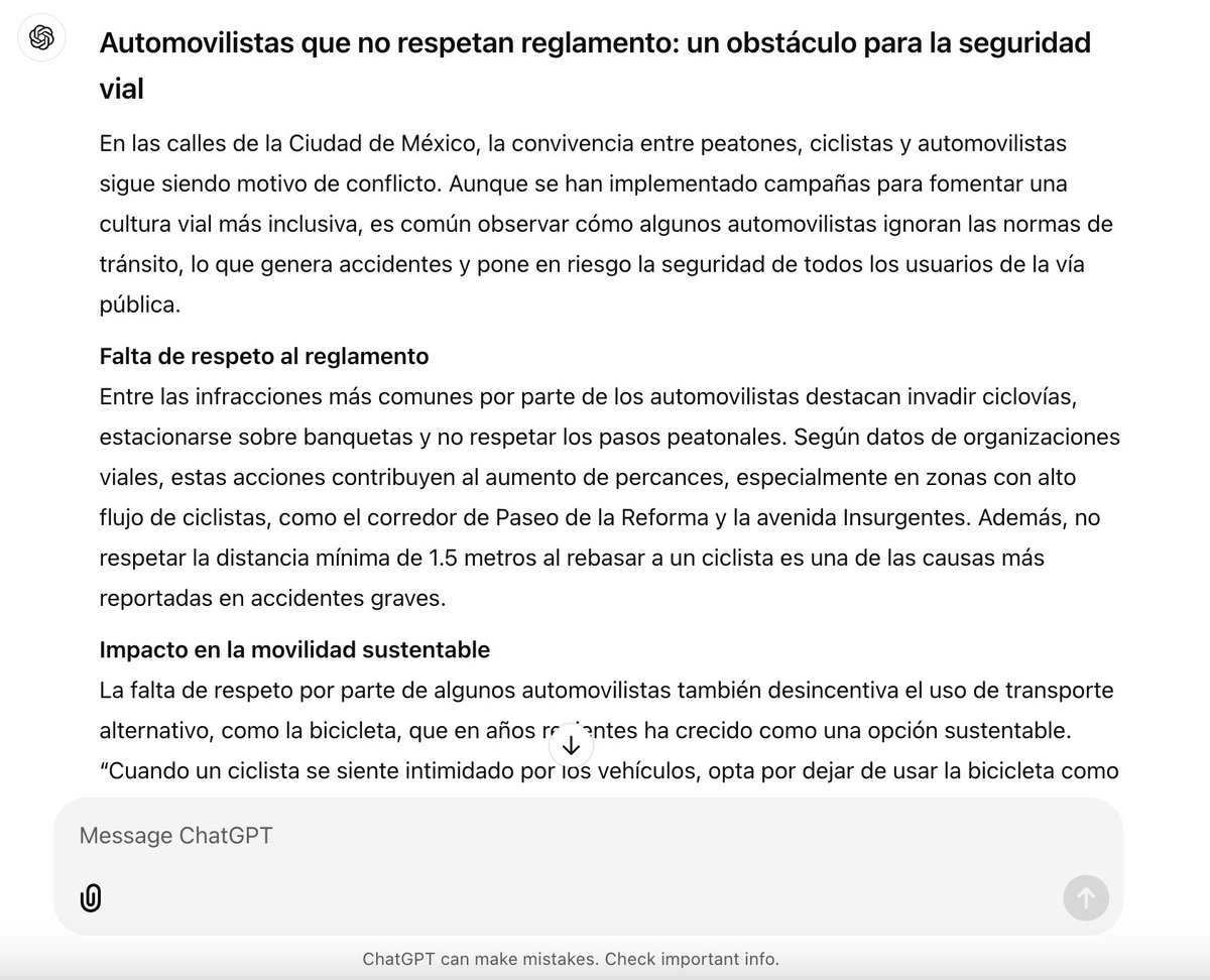 chowderpie's tweet image. ChatGPT ya les corrigió su nota @El_Universal_Mx 

“Hay automovilistas que van todo el tiempo por la ciclovía, carriles exclusivos del transporte público y se estacionan en las banquetas”