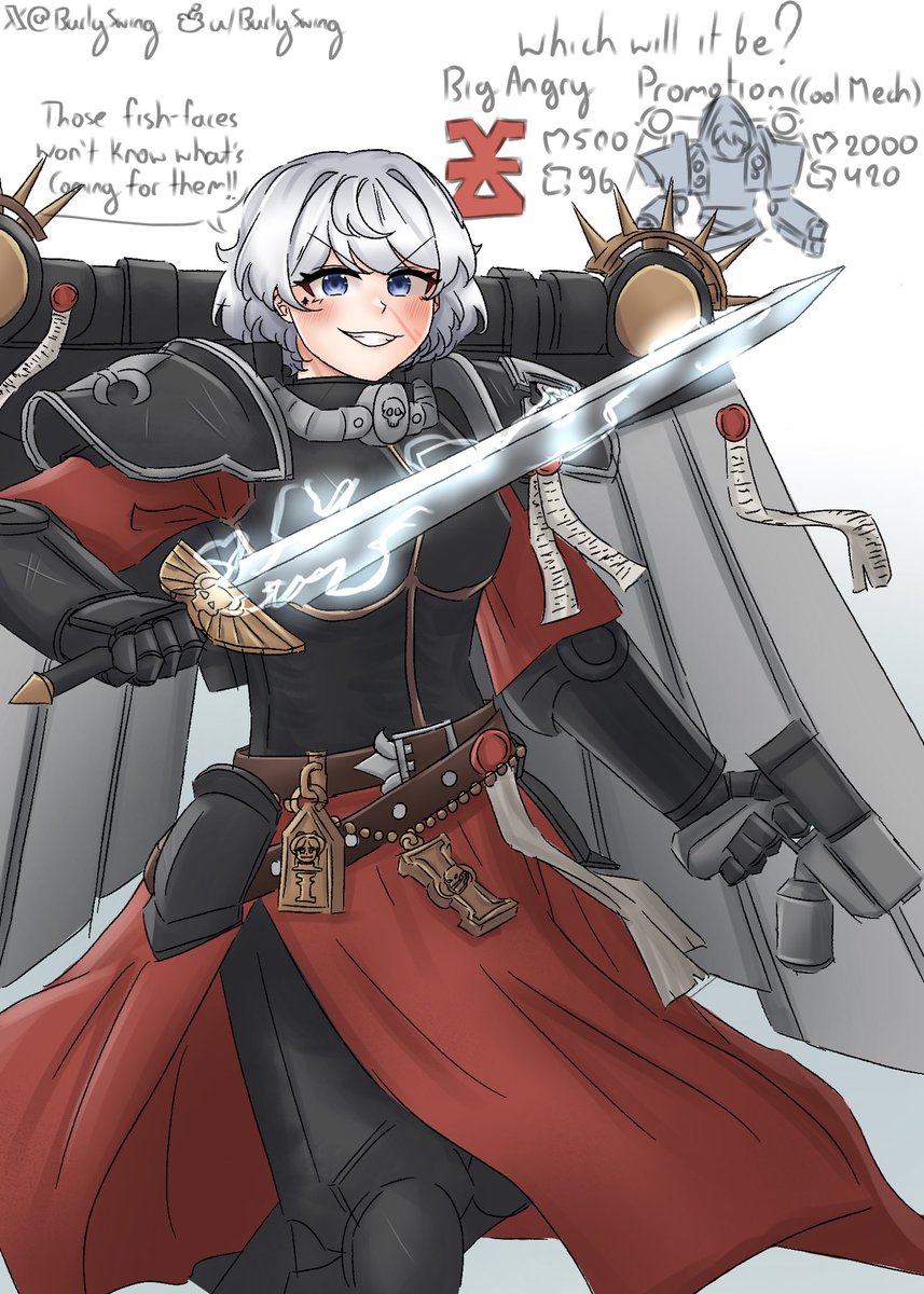 BurlySwing's tweet photo. Which will it be? big angry from being too zealous or a promotion from cononess to a prioress with a cool mech suit
ps: i forgot the scar and tatoo last time
#warhammer40000 #WarhammerCommunity #WarhammerArt https://t.co/FpbMzH568M