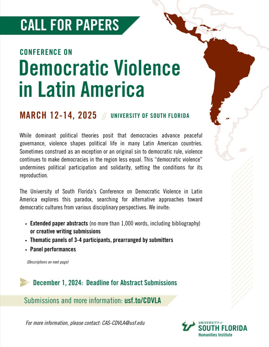 wagnercelest's tweet photo. Genuinely honored to be a plenary speaker at the Conference on Democratic Violence in Latin America at @USFHuman in March. Submit your  abstracts/performances by Dec. 1 https://t.co/23DaL3FYUu. I’ll also lead a job market workshop. Can’t wait to learn from  everyone! #usfCDVLA https://t.co/91PBn78lVQ