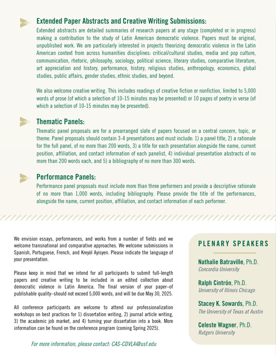 wagnercelest's tweet photo. Genuinely honored to be a plenary speaker at the Conference on Democratic Violence in Latin America at @USFHuman in March. Submit your  abstracts/performances by Dec. 1 https://t.co/23DaL3FYUu. I’ll also lead a job market workshop. Can’t wait to learn from  everyone! #usfCDVLA https://t.co/91PBn78lVQ