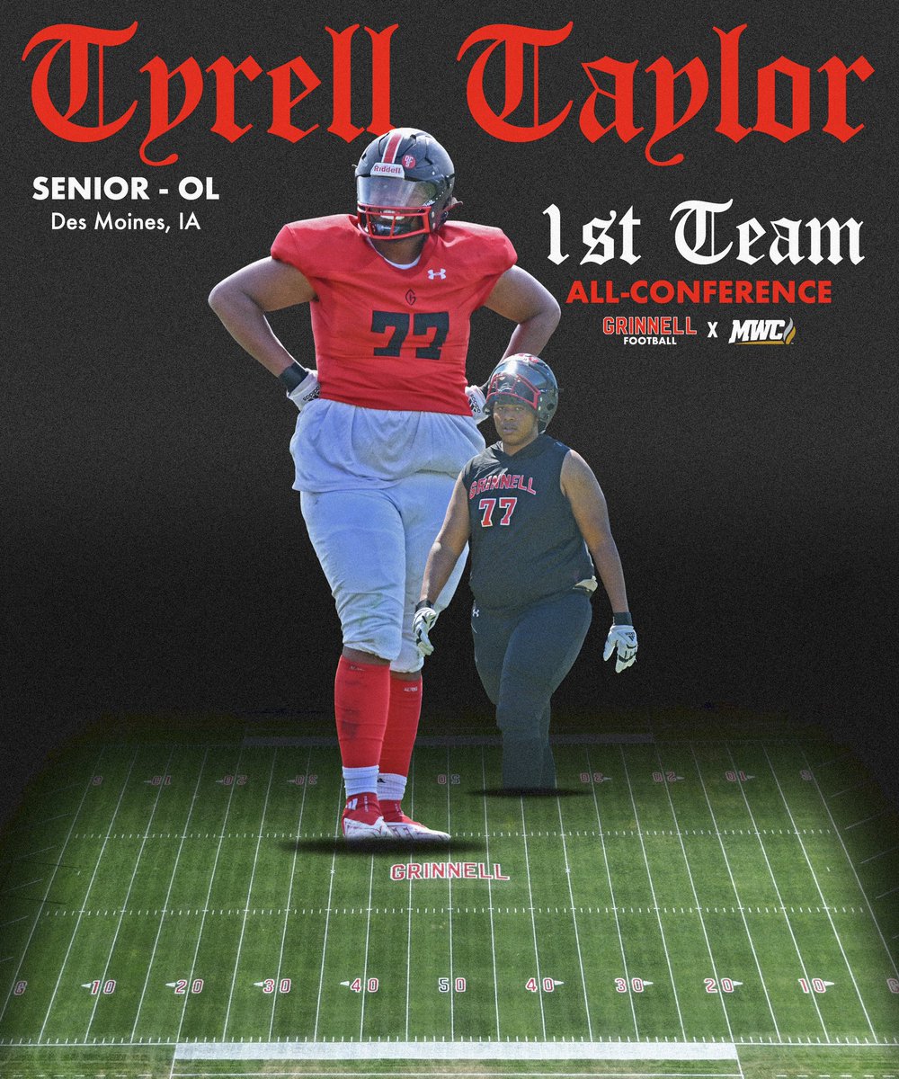Grinnell College Football (@grinnell_fb) on Twitter photo 1ST TEAM ALL-CONFERENCE <a href="/MWCSports/">Midwest Conference</a>
Tyrell Taylor
OL
SR
Des Moines, IA
Tyrell is our first offensive lineman since 2004 to be selected to the 1st team!
#ExcelatGrinnell 1ST TEAM ALL-CONFERENCE <a href="/MWCSports/">Midwest Conference</a>
Tyrell Taylor
OL
SR
Des Moines, IA
Tyrell is our first offensive lineman since 2004 to be selected to the 1st team!
#ExcelatGrinnell