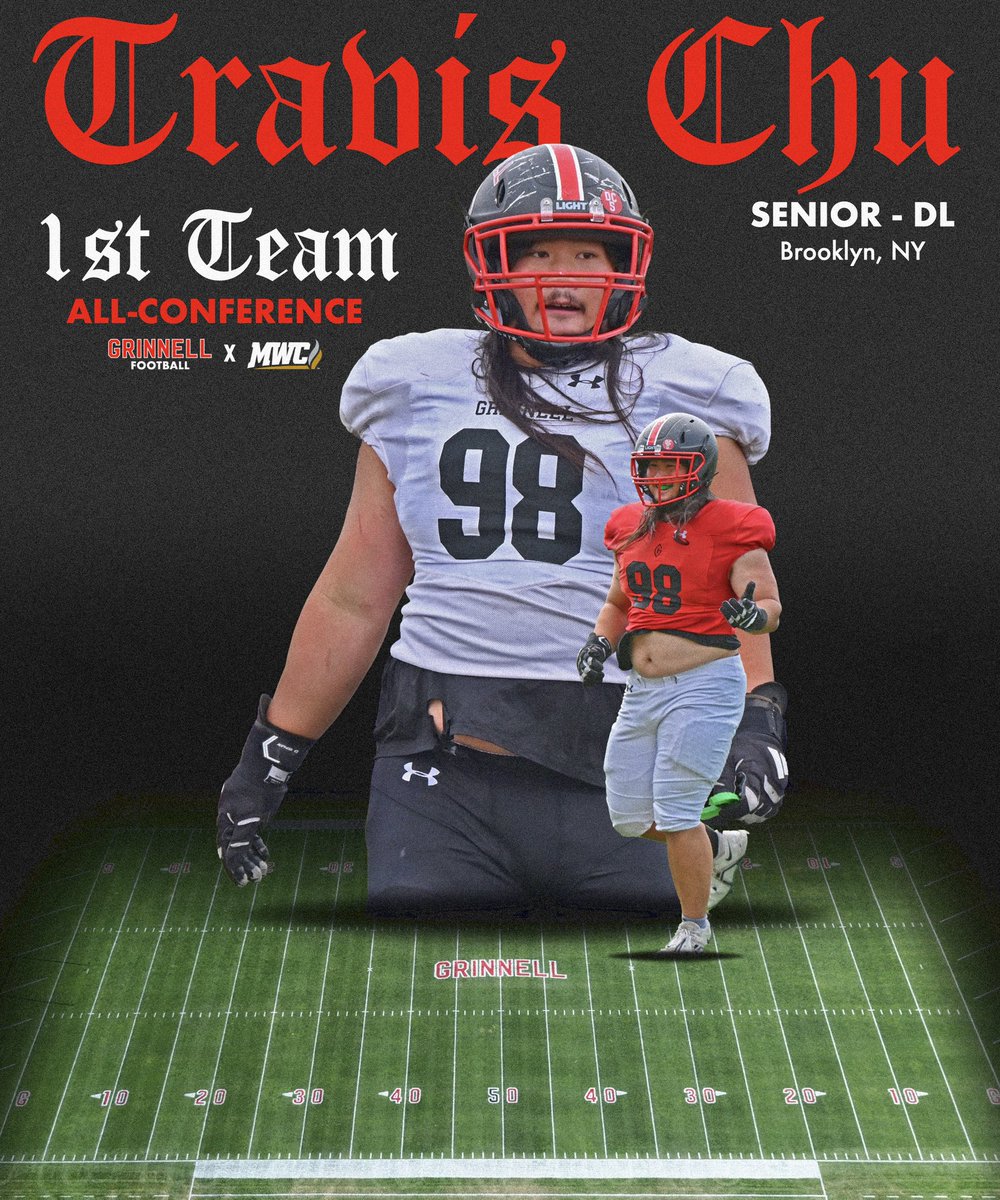 Grinnell College Football (@grinnell_fb) on Twitter photo 1ST TEAM ALL-CONFERENCE <a href="/MWCSports/">Midwest Conference</a>
Travis Chu
DL
SR
Brooklyn, NY
Travis is our first defensive lineman since 2002 to be selected to the 1st team!
#ExcelatGrinnell 1ST TEAM ALL-CONFERENCE <a href="/MWCSports/">Midwest Conference</a>
Travis Chu
DL
SR
Brooklyn, NY
Travis is our first defensive lineman since 2002 to be selected to the 1st team!
#ExcelatGrinnell