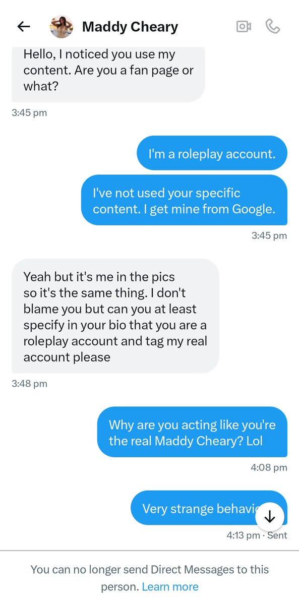 ./ This is one of the strangest DMs I've ever received on twitter. 😭

A 3000 follower roleplay account pretending they're the real Madeleine and asking me to credit their @ in my posts?

Some people are so bizarre.