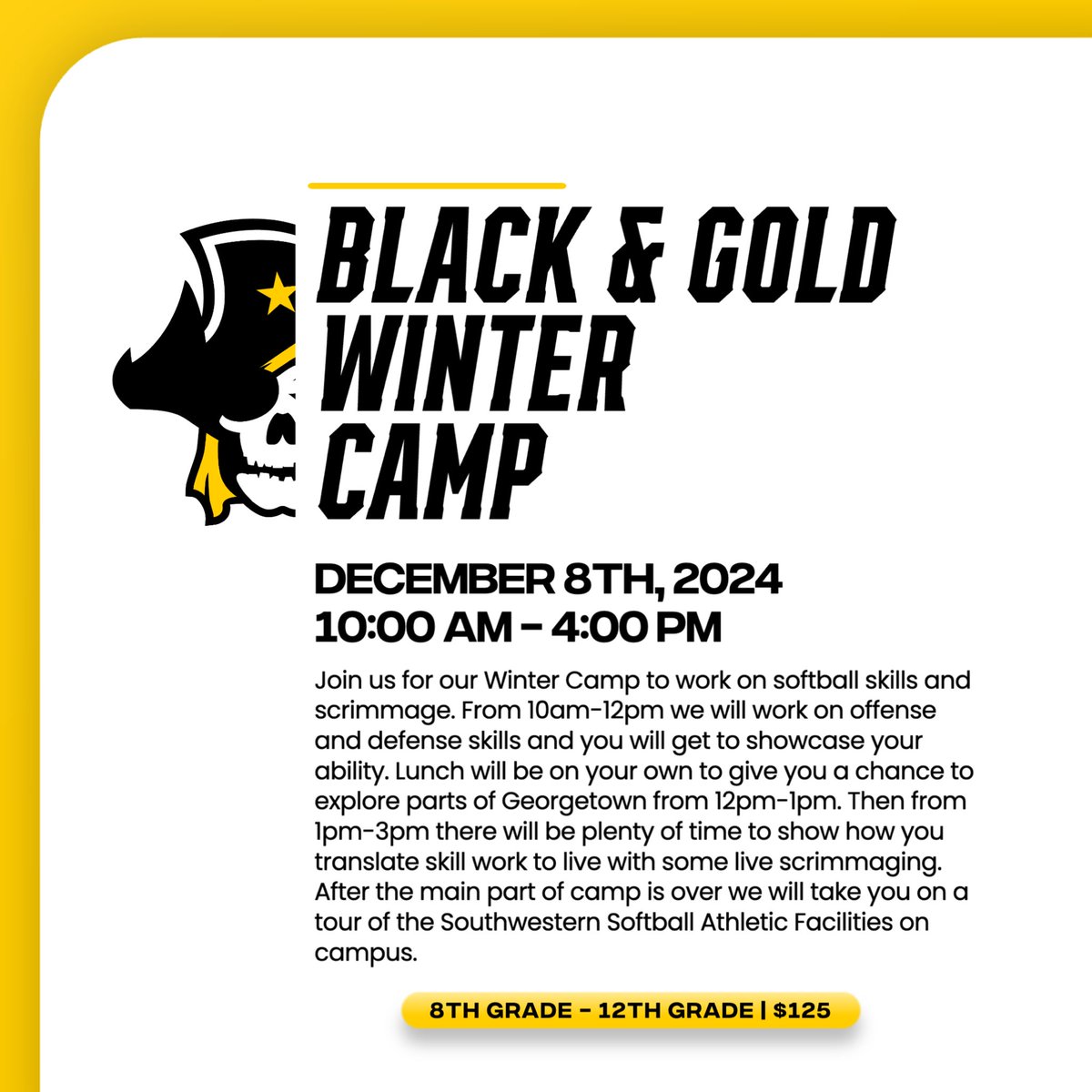 Southwestern SB (@supiratessb) on Twitter photo Winter Camping! Join us on December 8th at Taylor-Sanders Field. #GoPirates🏴☠️
blackandgoldsoftballcamps.com/black-and-gold… Winter Camping! Join us on December 8th at Taylor-Sanders Field. #GoPirates🏴☠️
blackandgoldsoftballcamps.com/black-and-gold…