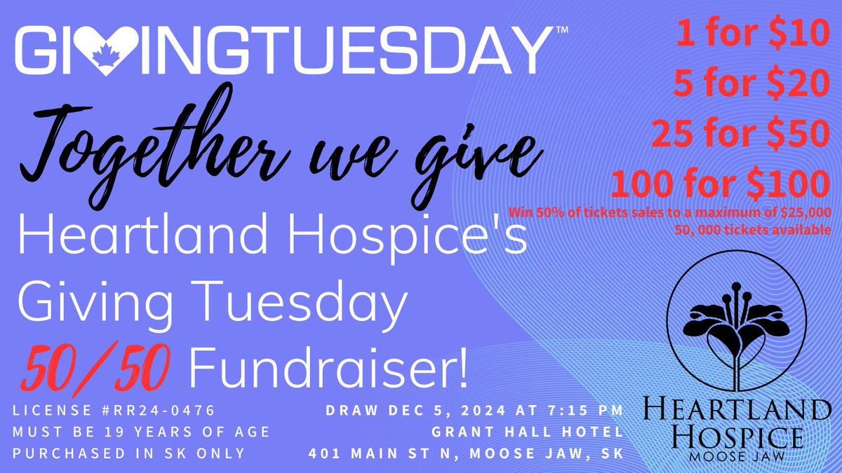 Hello everyone! 🎉

It's that time of year again! As you know, we're hosting our Annual 50/50 for Giving Tuesday! 🎟️

Let’s make this Giving Tuesday one to remember! 🙌

heartlandhospicemj.ca/giving-tuesday…

#GivingTuesday #SupportLocal #HeartlandHospice #5050Raffle #MakeADifference
